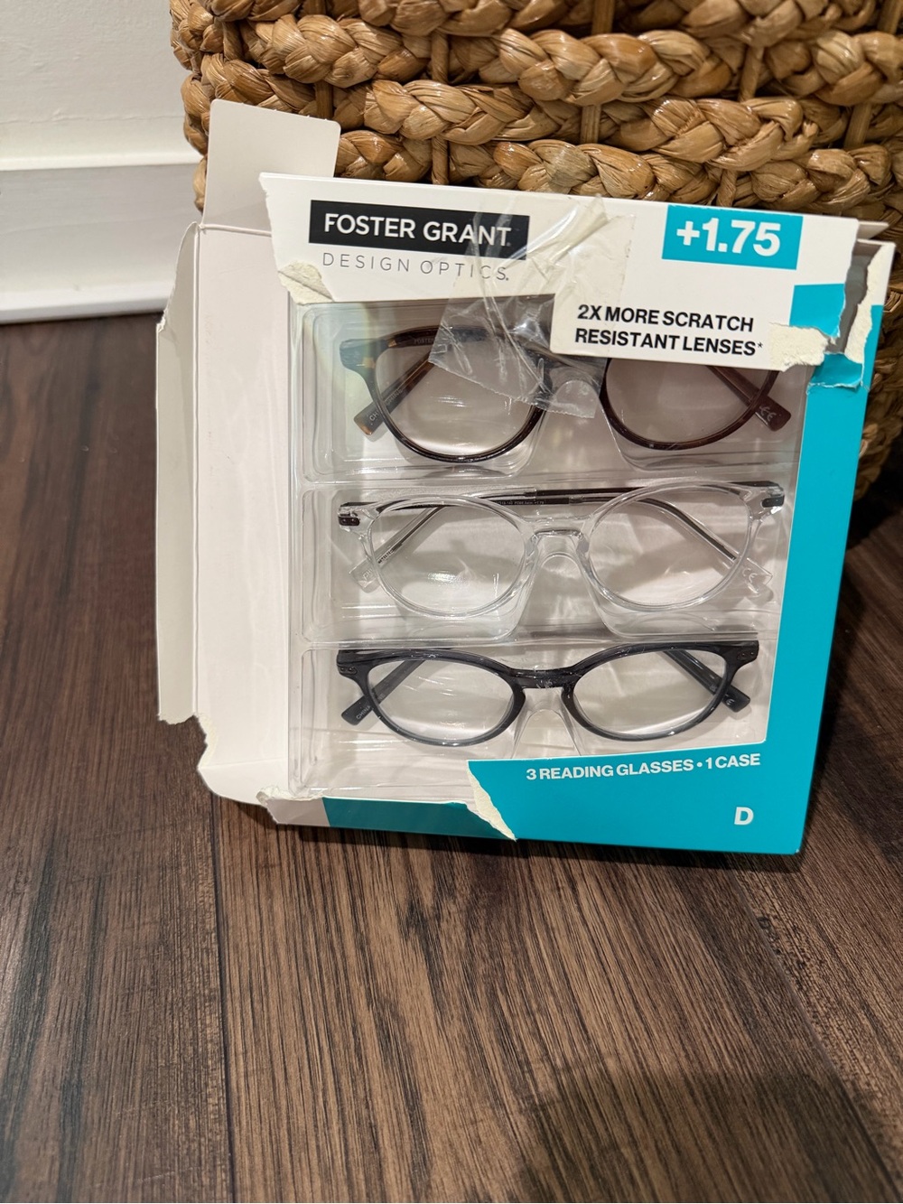 Foster Grant +1.75 D Reading Glasses 3-Pack in Brown, Clear & Black new